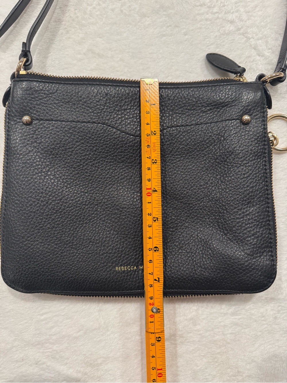 Rebecca Minkoff Black Pebbled Leather Crossbody Bag Gold Ring Zip Pull - Picture 9 of 10
